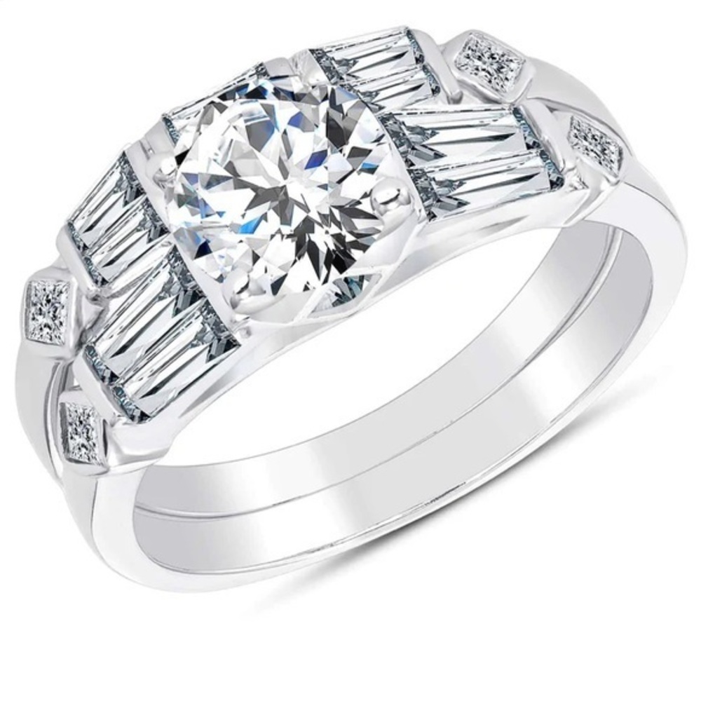 Sterling Silver 2pc Engagement Ring & Wedding Band size 6 7 8 9 10